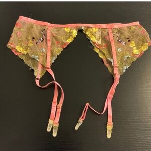 Mapale Floral Embroidered Mesh Garter Belt Pink Tan Sheer Lingerie XL
